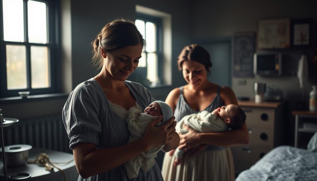 A dimly lit maternity ward, soft light filtering through windows, illuminating the serene scene. In the foreground, a midwife gently cradling a newborn, their expression radiating warmth and care. In the middle ground, a laboring woman supported by the midwife's reassuring presence, her face a blend of determination and relief. The background reveals the evolution of the midwife's role, with vintage medical equipment and historical references hinting at the rich tapestry of their profession. The atmosphere is one of reverence, tradition, and the profound privilege of aiding in the miracle of life.